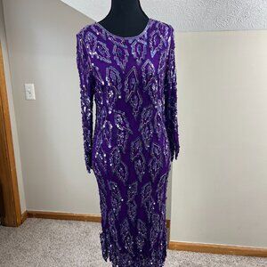 Vintage 80s Scala Dress Women's M Sequin Beaded 100% Silk Dolly Parton Purple
